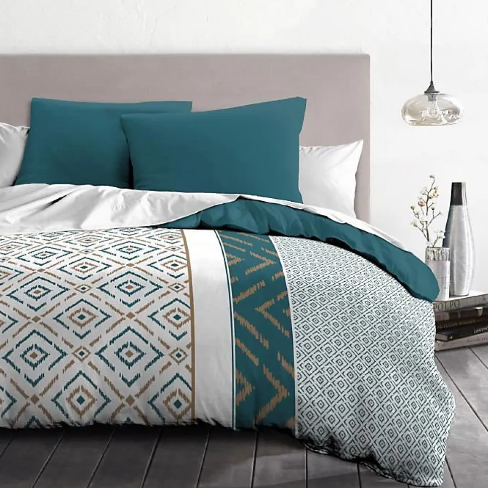 Parure de couette Microfibre ETHNO 220x240cm et 2 taies d'oreillers 63x63cm Bleu Canard