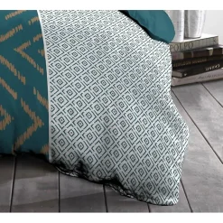 Parure de couette Microfibre ETHNO 220x240cm et 2 taies d'oreillers 63x63cm Bleu Canard