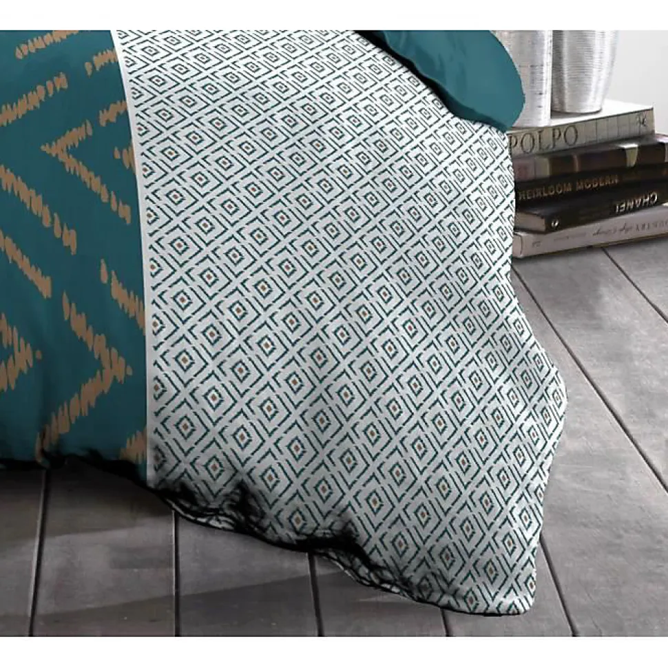 Parure de couette Microfibre ETHNO 220x240cm et 2 taies d'oreillers 63x63cm Bleu Canard