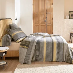 Parure de drap 3 pièces : drap 240x300 cm taies 65x65 cm 100% flanelle de coton JULES gris/jaune