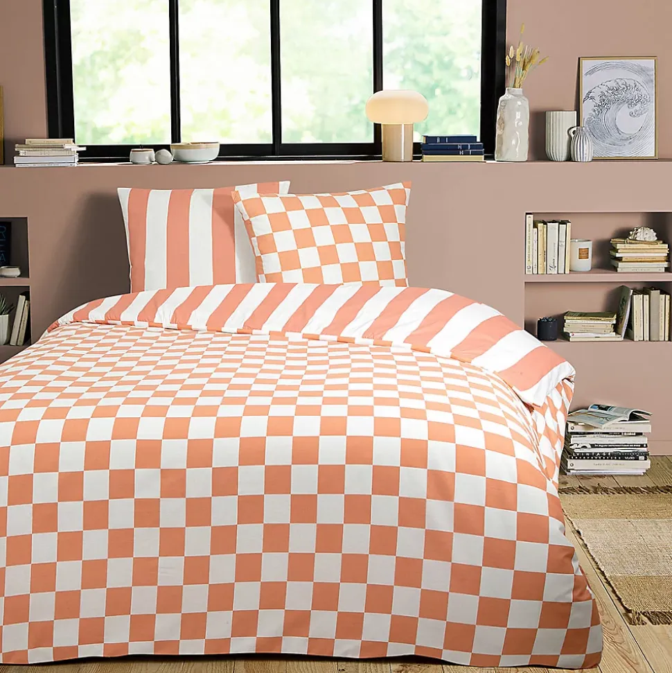 Parure de lit 2 personnes rayé damier réversible 200x200cm
