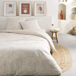 Parure de lit 2 personnes en coton 57 fils imprimé beige 260x240cm