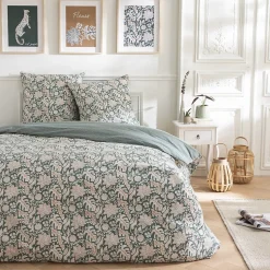 Parure de lit 2 personnes floral et pois en coton 240x220cm