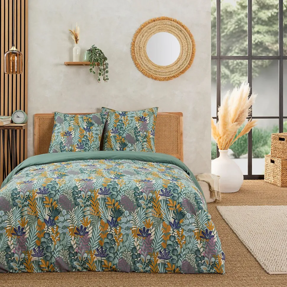 Parure de lit 2 personnes végétal tropical réversible 240x220cm
