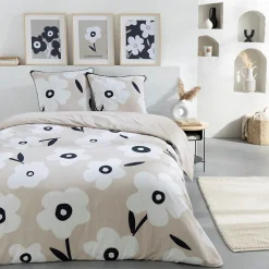 Parure de lit 2 personnes en coton 57 fils imprimé beige 240x220cm