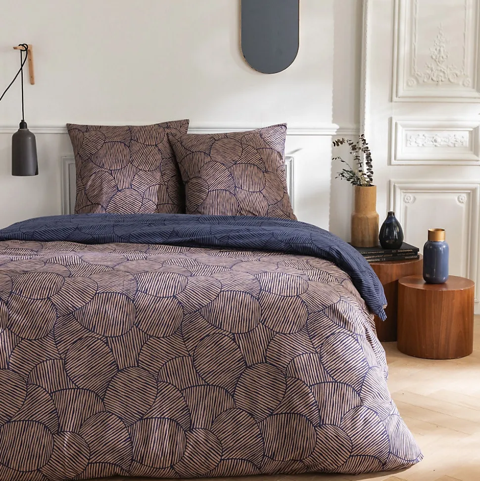 Parure de lit 2 personnes en coton 57 fils imprimé bleu 240x220cm