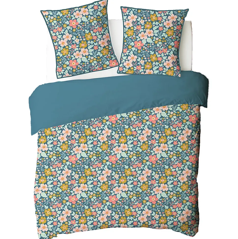 Parure de lit 2 personnes en coton 57 fils imprimé bleu 240x220cm