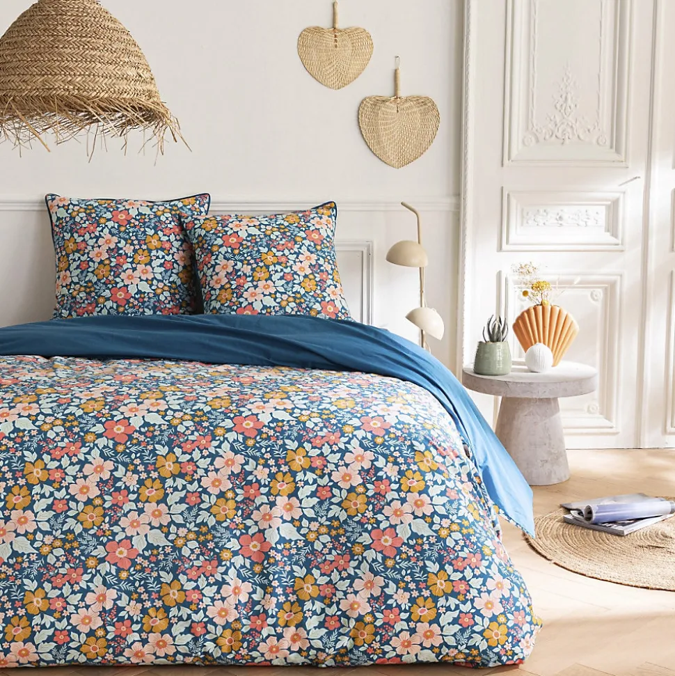 Parure de lit 2 personnes en coton 57 fils imprimé bleu 240x220cm