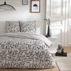Parure de lit 2 personnes feuillage et rayures en coton 240x220cm