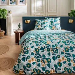 Parure de lit 2 personnes en coton 57 fils imprimé vert 260x240cm