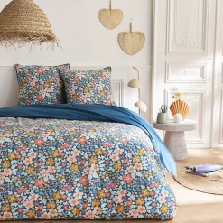 Parure de lit 2 personnes en coton 57 fils imprimé bleu 260x240cm