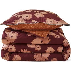 Parure de lit 2 pièces : housse 140x200 cm et taie 50x80 cm satin de coton COUP DE FOUDRE prune/caramel