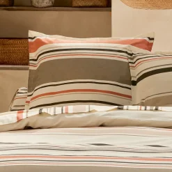 Parure de lit 3 pièces : housse 240x220 cm et taies 65x65 cm coton HUGO beige/corail