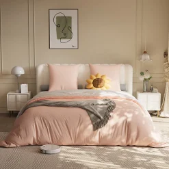 Parure de lit 4 pièces en polyester 160x200 cm, motif à carreaux style coton, résistante aux plis et à la décoloration - Rose