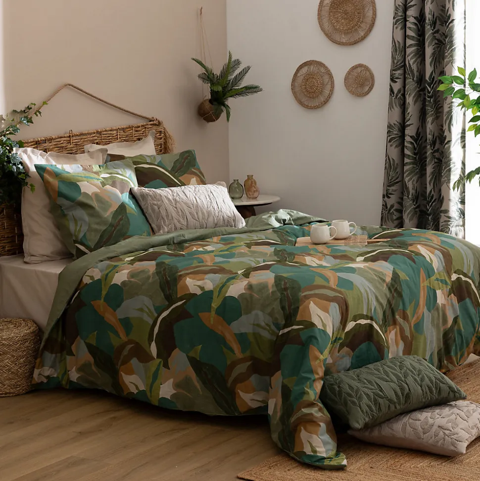 Parure de lit 3 pièces Renata percale de coton vert 240x220cm - Atmosphera