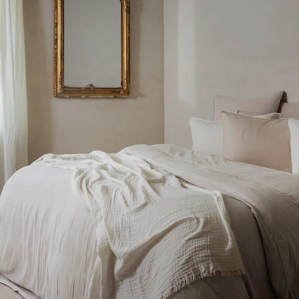 Parure de lit 3 pièces 240x220 cm et 65x65 cm mousseline de coton MILOS beige ficelle