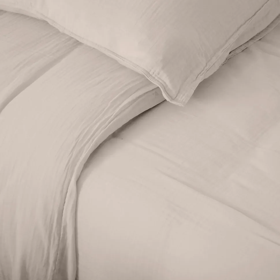 Parure de lit 3 pièces 260x240 cm et 50x70 cm mousseline de coton MILOS beige naturel