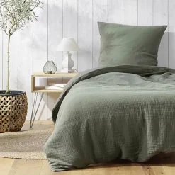 Parure de lit 140 x 200 cm double gaze coton uni 57 fils Angelia Kaki