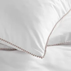 Parure de lit blanche galon pompons beiges (240x220 cm - Blanc)