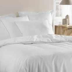Parure de lit blanche galon pompons beiges (240x220 cm - Blanc)