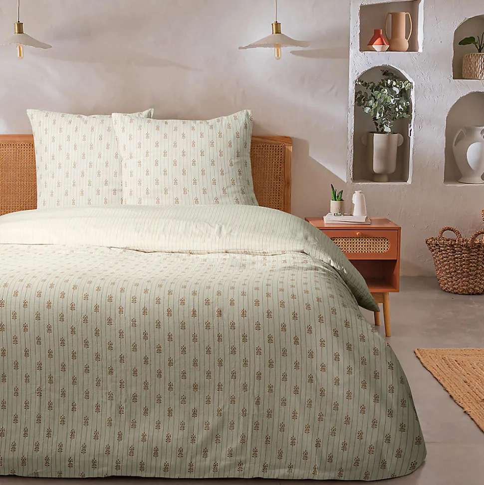 Parure de lit double à rayures fleurie effet lin 240x220cm