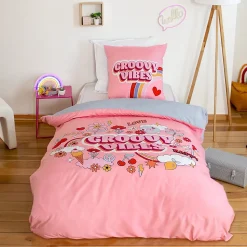 Parure de lit enfant GROOVY VIBES 140x200 cm en microfibre rose 2 pièces