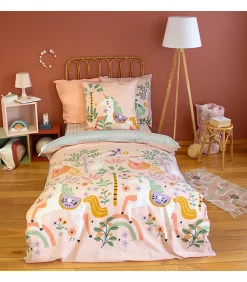 Parure de lit enfant Licorne - 140x200 cm + 1 taie - Coton 57 fils,cm² - 140x200cm - Rose