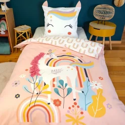 Parure de lit enfant Licorne avec oreilles rembourrées - 100% coton 57 fils/cm²