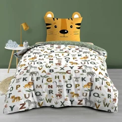 Parure de lit enfant TIGRY 140x200 cm 100% coton 1 taie tête de tigre Réversible alphabet & jungle
