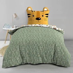 Parure de lit enfant TIGRY 140x200 cm 100% coton 1 taie tête de tigre Réversible alphabet & jungle