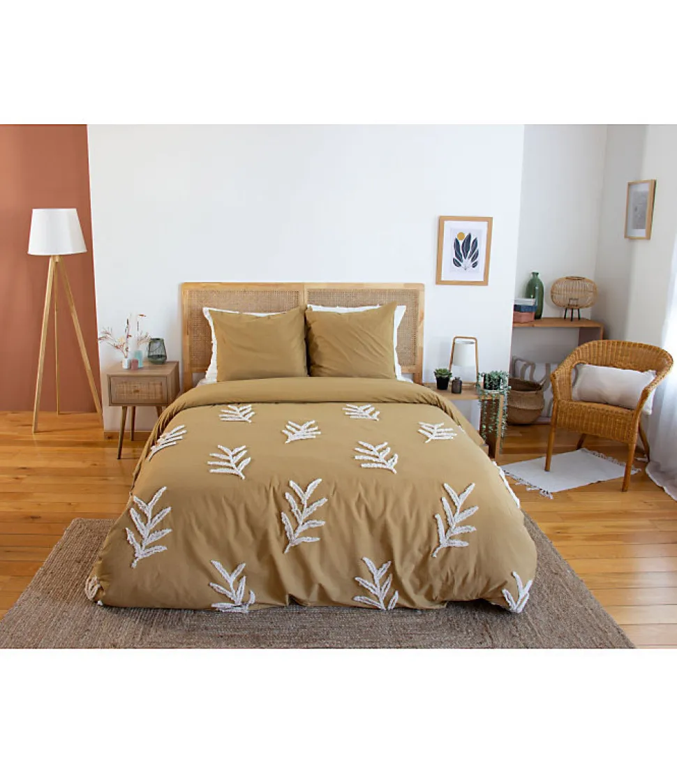 Parure de lit FEUILLU - 240x220 cm - Coton lavé tufté - 52 fils,cm² - Moutarde - 220x240cm - Moutarde