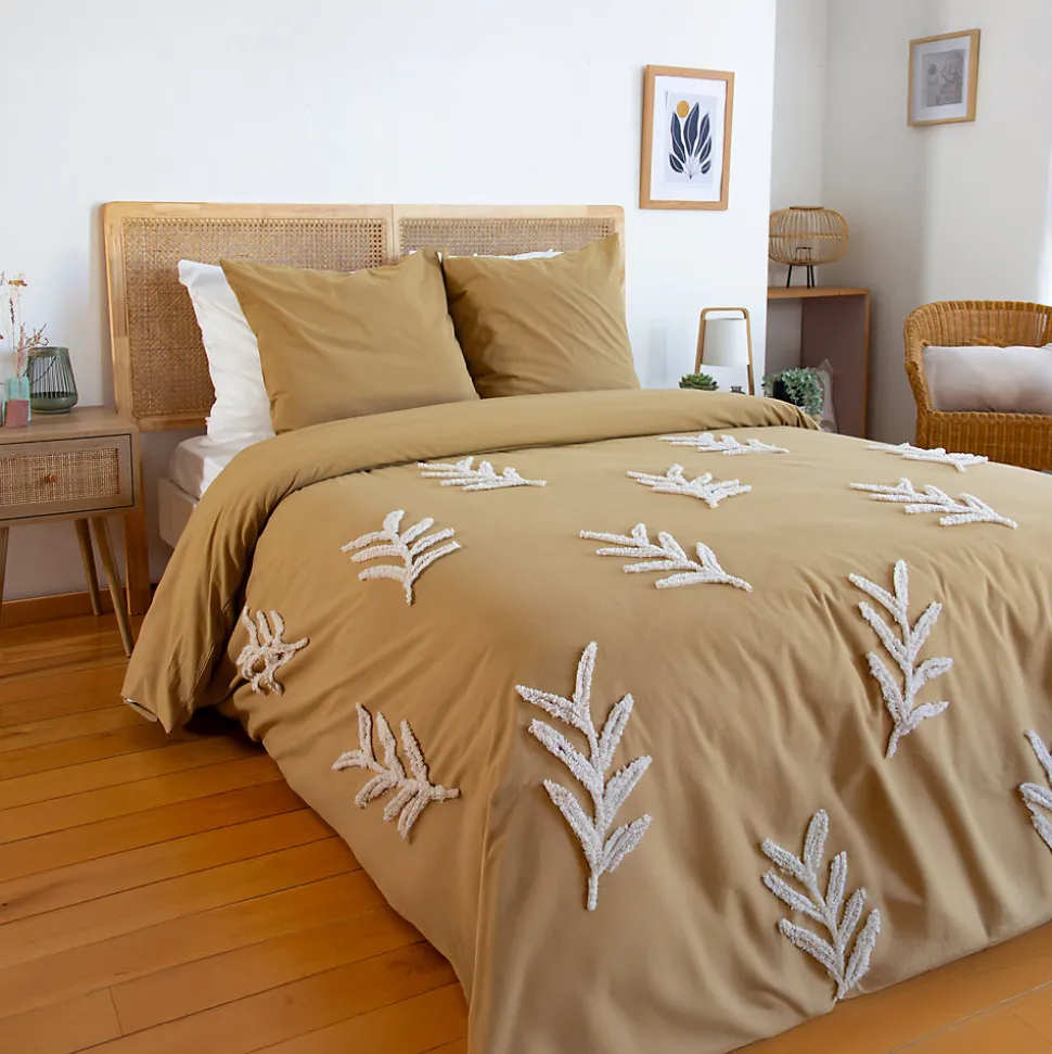 Parure de lit FEUILLU - 240x220 cm - Coton lavé tufté - 52 fils,cm² - Moutarde - 220x240cm - Moutarde