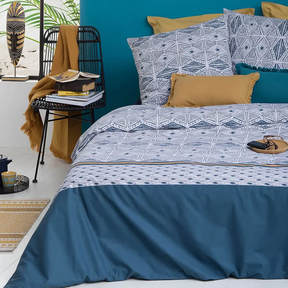 Parure de lit imprimée Tihora - percale - bleu - 240x220 cm - Atmosphera
