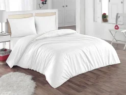 Parure de lit percale de coton 80 fils/cm² - Housse de couette 220 x 240 cm + 2 taies d'oreiller 63 x 63 cm - Blanc passepoil