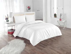Parure de lit percale de coton 80 fils/cm² - Housse de couette 220 x 240 cm + 2 taies d'oreiller 63 x 63 cm - Blanc passepoil