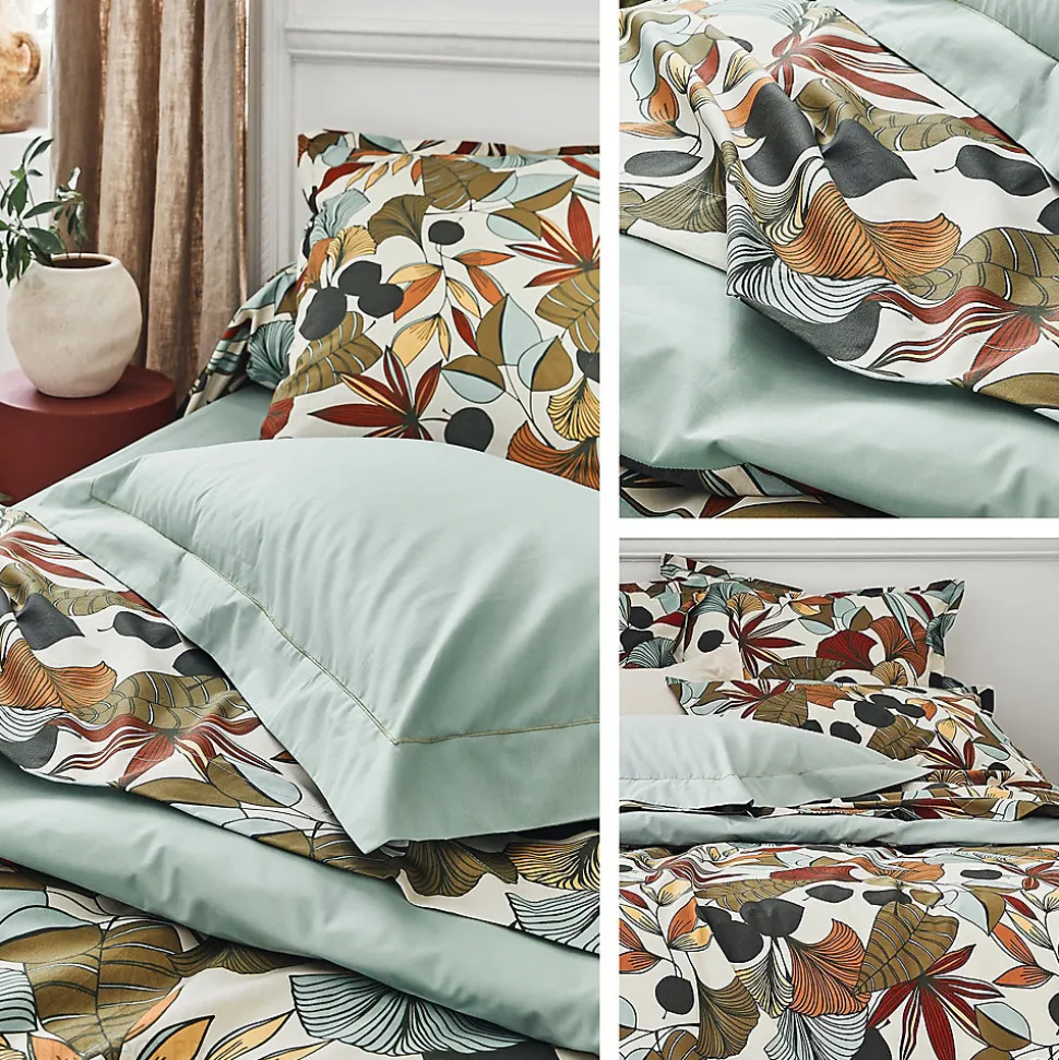 Parure de lit percale de coton 140x200 cm CASCADE vert Sauge 2 pièces