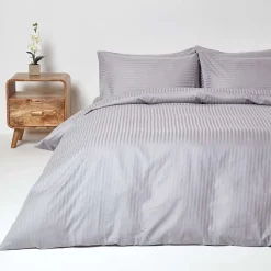 Parure de lit satin rayé en coton égyptien 330 fils gris, 230x220cm - HOMESCAPES