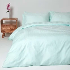 Parure de lit satin rayé en coton égyptien 330 fils bleu, 230x220cm - HOMESCAPES