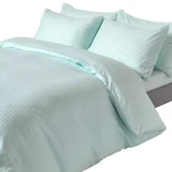 Parure de lit satin rayé en coton égyptien 330 fils bleu, 230x220cm - HOMESCAPES