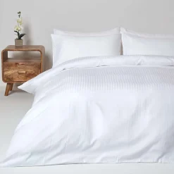 Parure de lit satin rayé en coton égyptien 330 fils blanc, 200x200cm - HOMESCAPES