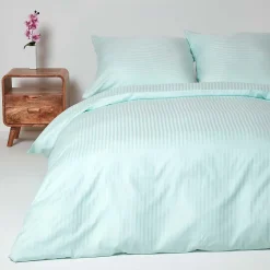 Parure de lit satin rayé en coton égyptien 330 fils bleu, 240x220cm - HOMESCAPES