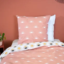 Parure de lit TERRAMEA 260x240 cm pur coton blanc motifs solaires 3 pièces