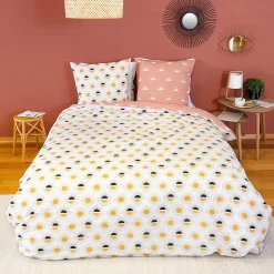 Parure de lit TERRAMEA 260x240 cm pur coton blanc motifs solaires 3 pièces