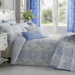 Parure de lit Toile de Jouy en polycoton - bleu, 230x220cm - HOMESCAPES