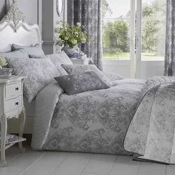 Parure de lit Toile de Jouy en polycoton - gris, 260x220cm - HOMESCAPES