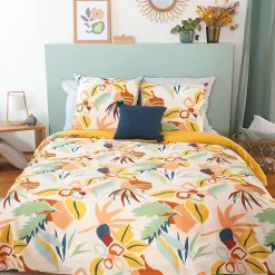 Parure de lit 260x240 cm coton BCI adouci LUCIA Jaune Cobalt 3 pièces