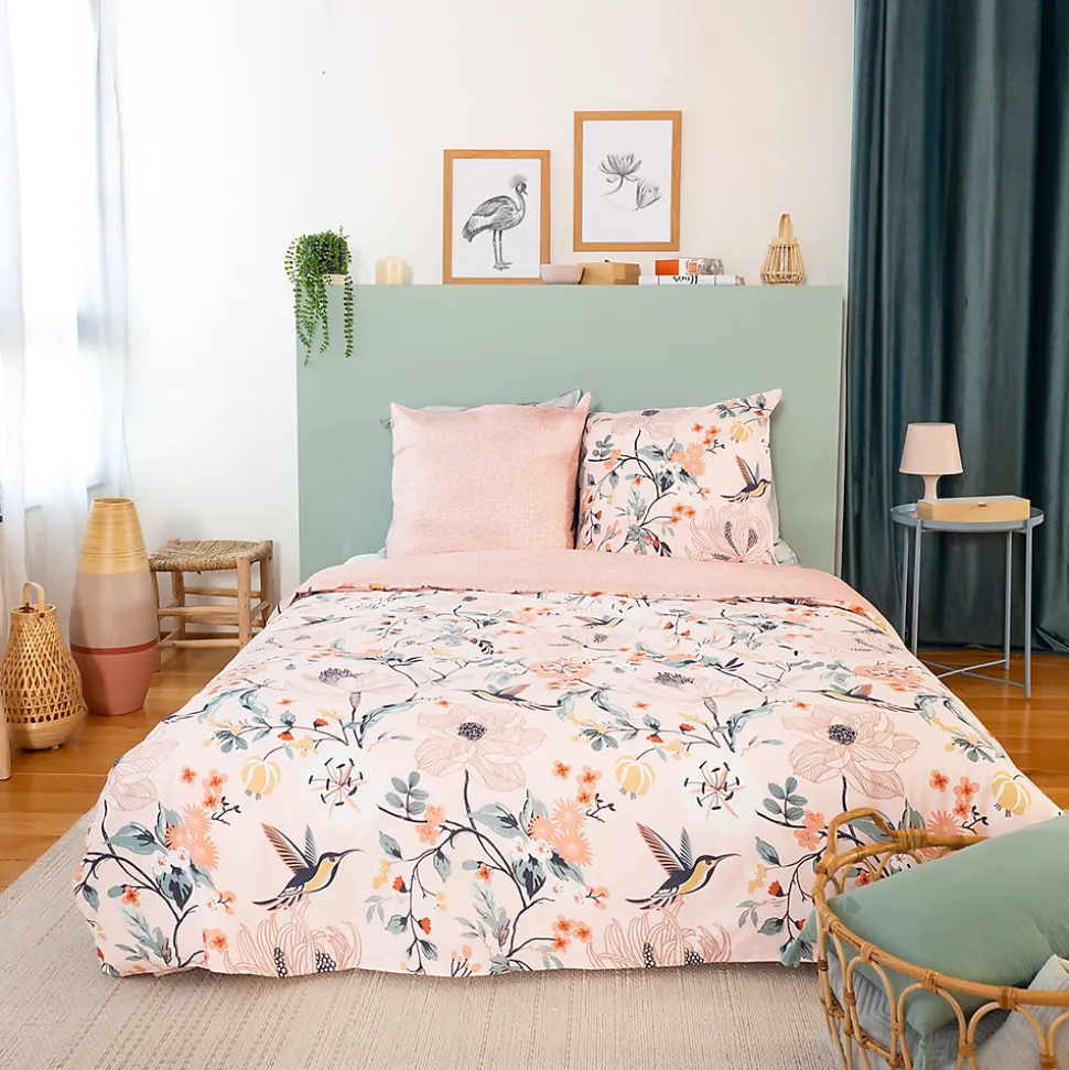 Parure de lit 260x240 cm coton bci adouci PANGA rose 3 pièces