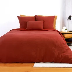 Parure de lit 260x240 cm double gaze de coton GAZGAZ rouge ocre 3 pièces