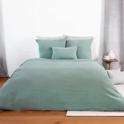 Parure de lit 260x240 cm double gaze de coton GAZGAZ vert amande 3 pièces