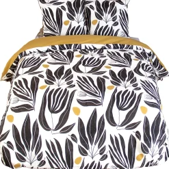 Parure de lit 260x240 cm en coton NOLIE motif feuillage blanc et jaune 3 pièces